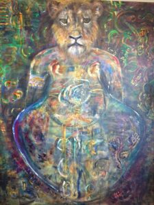 "Mystic Fragmentation ... a medicine painting" (acrylic paint and collaged feet on 48x60" canvas, 2021)